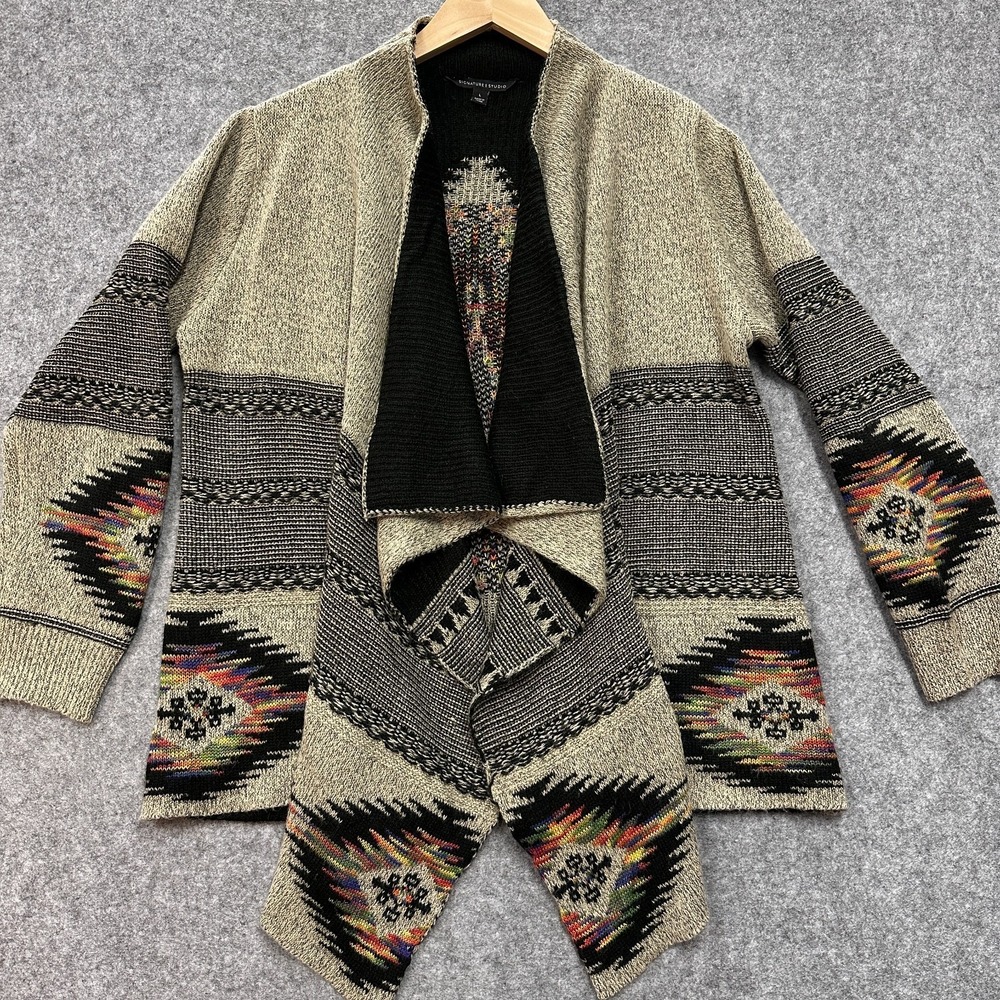 Signature Studio Open Cardigan Sweater Womans L Waterfall Front Aztec Tan Black